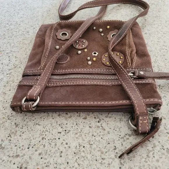 Fossil Brown Leather Suede Crossbody Bag Floral Stud Grommet Applique Full Zip - Picture 11 of 15